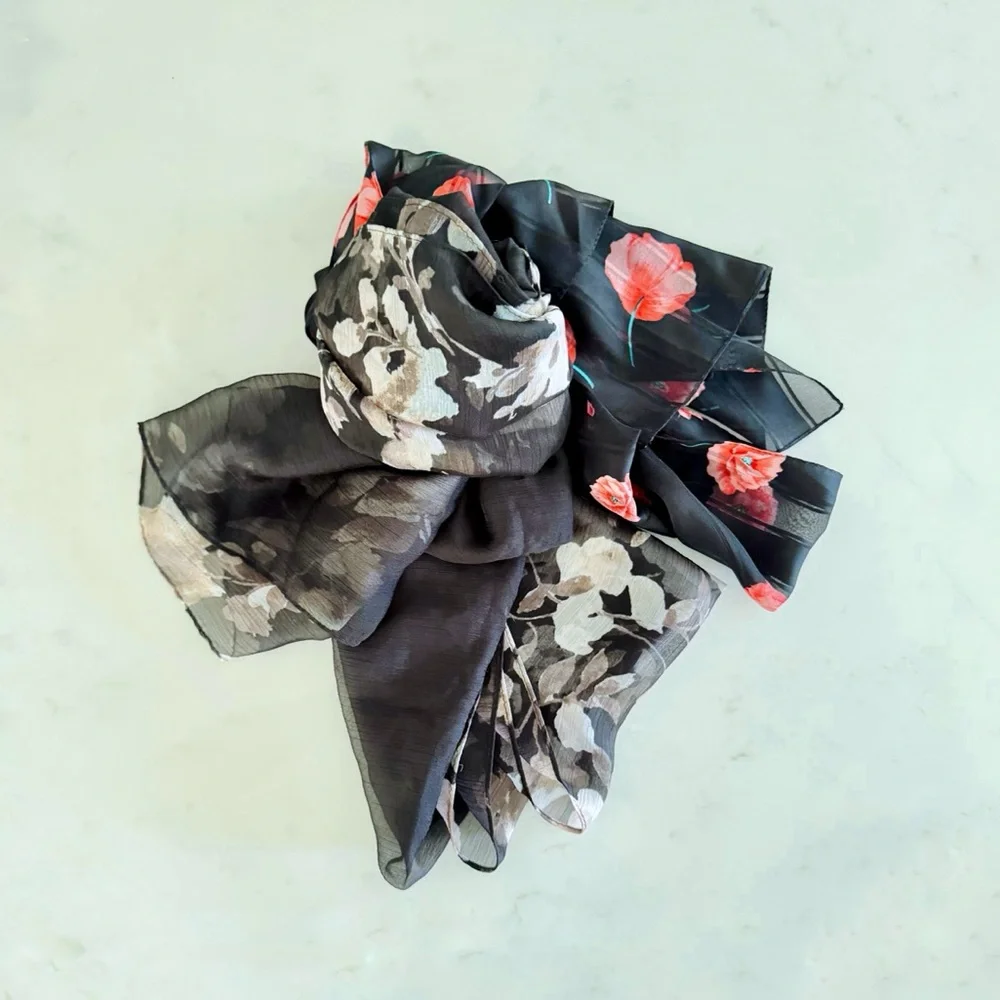 Vintage BUNDLE (2) Floating Floral Poppies & Roses Printed Scarf Wraps,